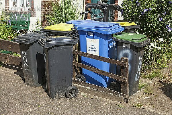 Colourful different dustbins standing in front of a house entrance  Delmenhorst  Lower Saxony  Germany  Europe