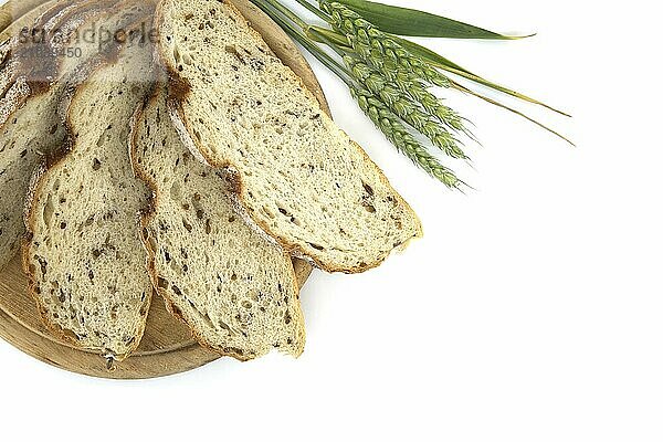 Sliced wheat bread with sprouted rye near young wheat ear isolated on a white background. Bread slices in a low angle view