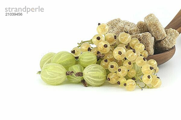 Gooseberries and yellow currants next to brown cane sugar cubes in wooden bowl  isolated on white background  berry jam  compote preparation