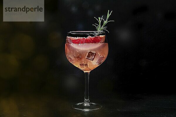 Fancy cocktail with fresh fruit. Gin and tonic drink with ice at a party  on a black background. Alcohol with pink grapefuit and rosemary  toned image  Food photography