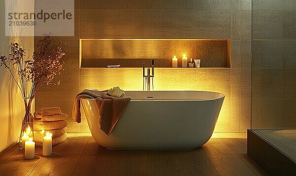 Modern Scandinavian bathroom with a wooden floor  autumn-colored towels  and candles around the tub AI generated