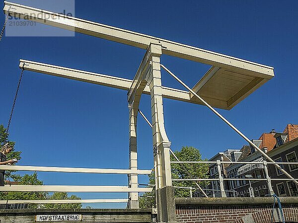 Wooden drawbridge in an urban environment under a clear sky  alkmaar  the netherlands