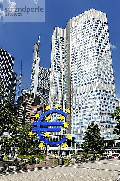 Euro sign symbolising Europe with banks High-rise buildings on Willy-Brandt-Platz in Frankfurt  Germany  Europe