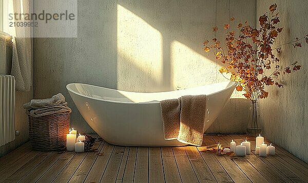 Modern Scandinavian bathroom with a wooden floor  autumn-colored towels  and candles around the tub AI generated