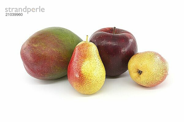 Fresh whole multicolored ripe mango  pears and red apple fruits isolated on white background