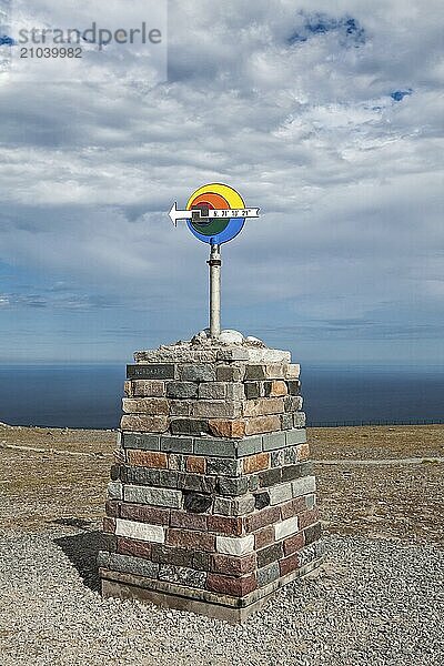 The arrow sign in North Cape in Mageroya island showing the north direction  Norway  Europe