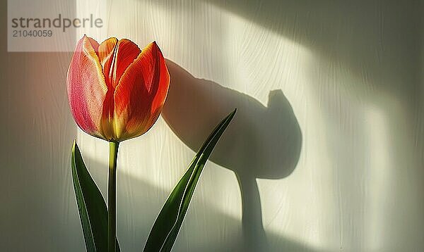 A red tulip against a backdrop of white  casting a bold shadow AI generated