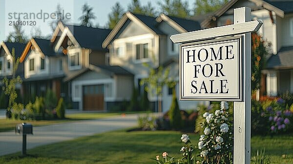 Home for sale real estate sign in front of house. generative AI  AI generated