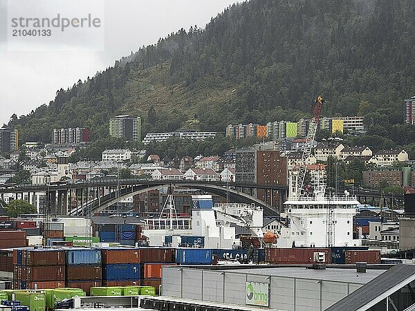 Container terminal in the harbour of Bergen  Norway  Europe