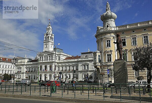 Banat  city of Arad  city centre  left the Csanad palace  then town hall and Aurel-Vlaicu University at the town hall square  Romania  Europe