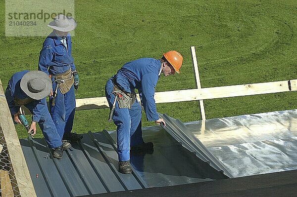 Builders laying out roofing iron on a large house