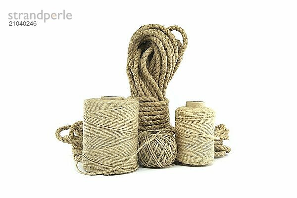 Collection of jute ropes and twines isolated on white background