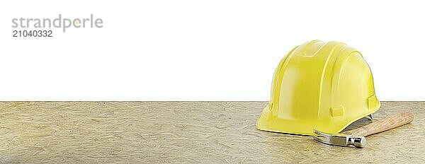 Yellow construction hard hat and hammer resting on particleboard banner isolated on a white background