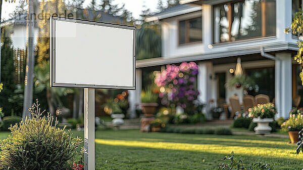 Blank real estate sign ready for your message in front of house. generative AI  AI generated