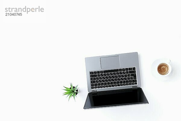 Top view above on gray thin isolated laptop notebook  white cup of espresso coffee  green flowerpot with houseplant on the white background.