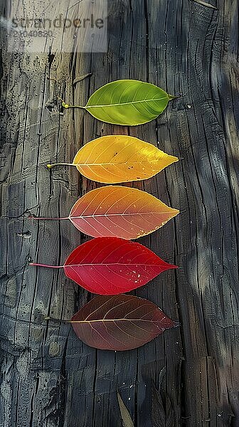 Artistic autumn flat lay of vibrant leaves arranged on a wooden table. AI generated