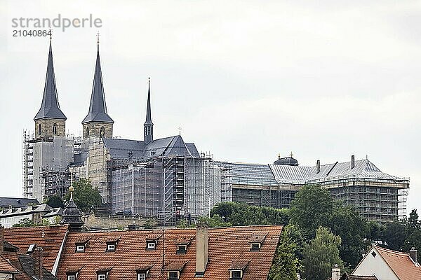 City view  construction work with scaffolding at St Michael's Church  Michaelsberg Bamberg  Upper Franconia  Bavaria