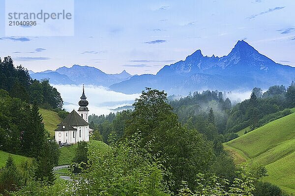 Maria Gern pilgrimage church  view of the Watzmann  in front of sunrise  Berchtesgarden Alps  Berchtesgaden  Berchtesgadener Land  Upper Bavaria  Bavaria  Germany  Europe