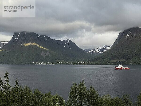 A large ship passes the village of Nord Vartdal  Vartdalsfjord in Norway