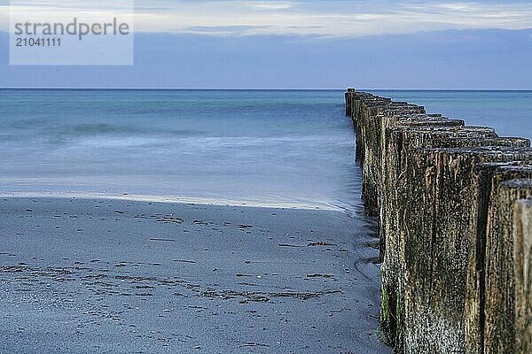 Groynes jutting into the sea. taken in zingst on the darss. the perspective is directed to the horizon