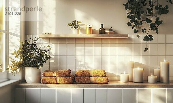 Scandinavian bathroom with autumn-colored towels and candles on the shelf AI generated