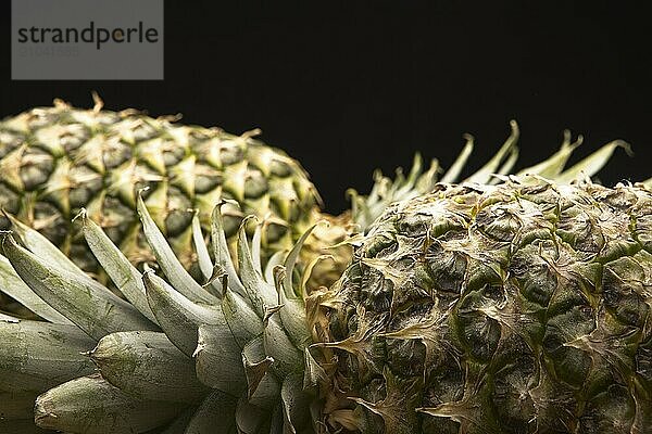 A close up studio photo of a whole pineapple laying on its side against a black background