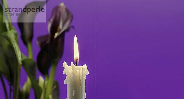 Banner size image of burning candle and purple sepals of the Calla lily against a purple background with free copy space for text