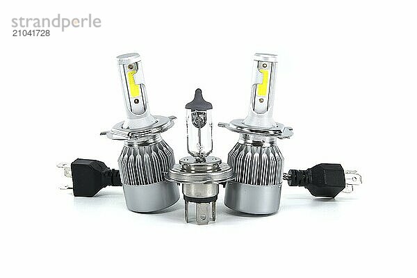 H4 halogen lamp and LED headlight bulbs isolated on white background  vehicles parts and replacement