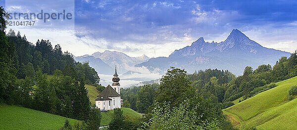 Maria Gern pilgrimage church  view of the Watzmann  in front of sunrise  Berchtesgarden Alps  Berchtesgaden  Berchtesgadener Land  Upper Bavaria  Bavaria  Germany  Europe