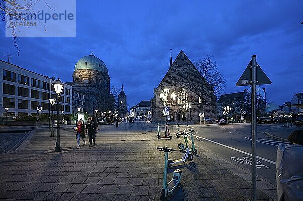 St James' Square at night with St Elisabeth's Church and St James' Church  Nuremberg  Middle Franconia  Bavaria  Germany  Europe