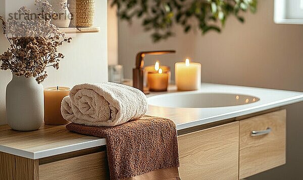 Scandinavian bathroom with autumn-colored towels and candles on the shelf AI generated