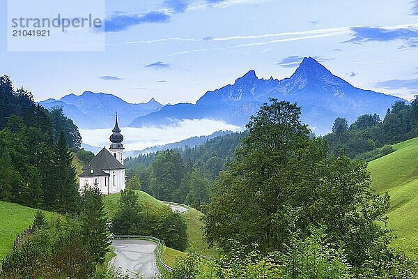 Maria Gern pilgrimage church  view of the Watzmann  in front of sunrise  Berchtesgarden Alps  Berchtesgaden  Berchtesgadener Land  Upper Bavaria  Bavaria  Germany  Europe