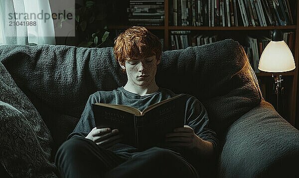 Portrait of a young man with red hair reading a book  sitting on a sofa AI generated