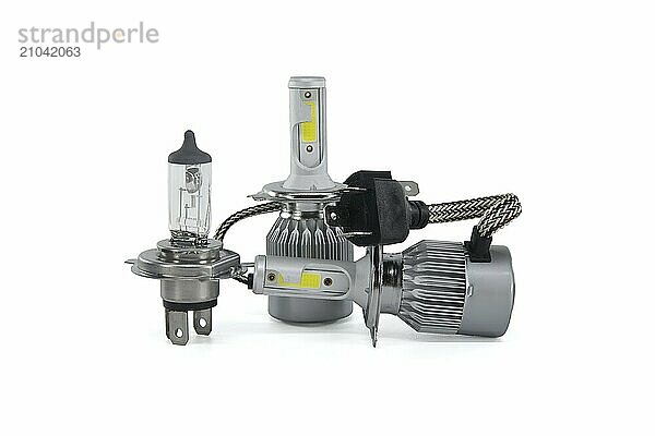 H4 halogen lamp and LED headlight bulbs isolated on white background  vehicles parts and replacement