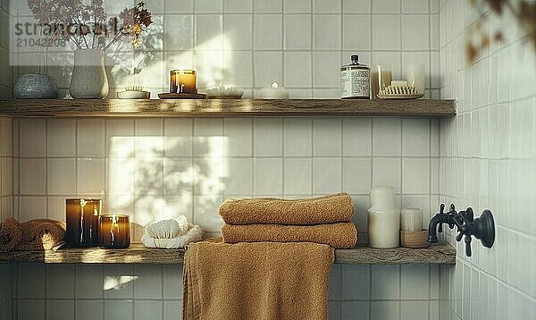 Scandinavian bathroom with autumn-colored towels and candles on the shelf AI generated