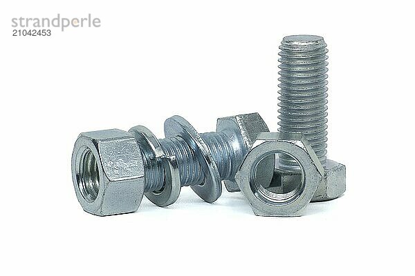 Male screw and hexagon nut  flat nut washer and spring washer coated with a protective layer of zinc isolated on white background