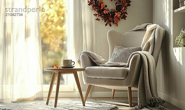 Cozy Scandinavian reading corner with a comfortable chair  small table with a cup of coffee  and an autumn wreath on the wall AI generated