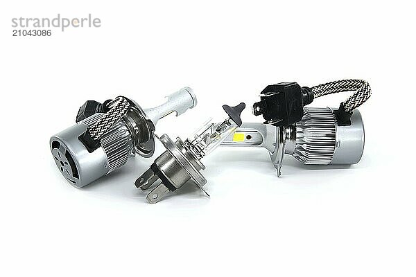 H4 halogen lamp and LED headlight bulbs isolated on white background  vehicles parts and replacement