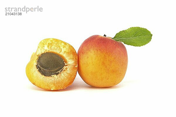 Whole apricot fruit with leaf and halved apricot isolated on white background