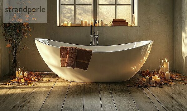 Modern Scandinavian bathroom with a wooden floor  autumn-colored towels  and candles around the tub AI generated