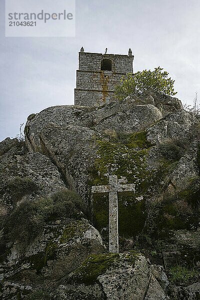 Monsanto historic stone Lucano Tower with clock  in Portugal