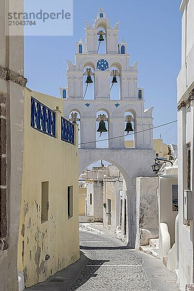 Bell tower in the traditional village of Megalochori  Santorini  Cyclades  Greece  Europe