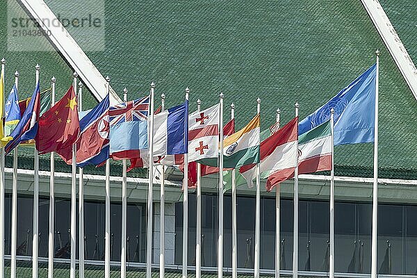 Many flags in front of the United Nations Conference Centre  Bangkok  Thailand  Asia