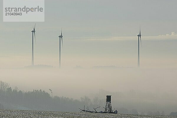 View from Thuringia over the foggy Saale valley to Hochfranken in Bavaria