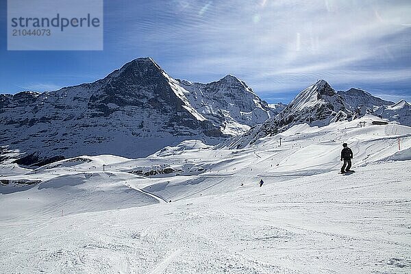 Skiing against the backdrop of the north face of the Eiger in Grindelwald  Switzerland  Europe