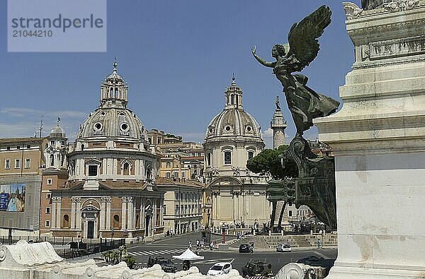 View from the Monumento Vittorio Emanuele II  Piazza Venezia  to the church of Santa Maria di Loreto  behind it the twin church Santissimo Nome di Maria al Foro Traiano  Rome  Italy  Europe