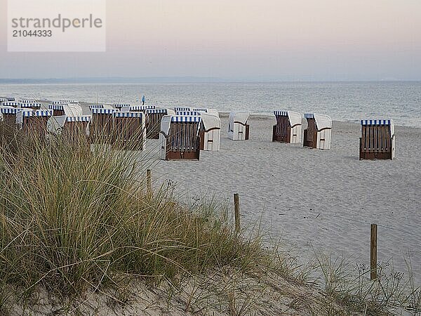 Beach scene in the evening with several empty beach chairs and a view of the calm sea  binz  rügen  baltic sea  germany