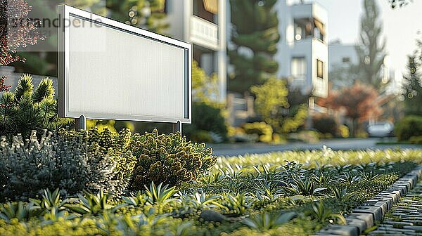 Blank real estate sign ready for your message in front of house. generative AI  AI generated