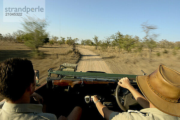 Two guides in South Africa driving through the bush.