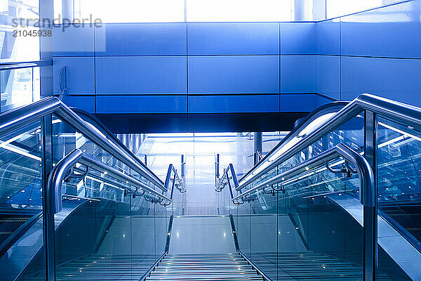 Modern architecture interior of a Dubai Metro terminal.